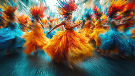 A joyful dancer beams in an elaborate, colorful costume of feathers and beads, embodying celebration and culture in a lively festival atmosphere.の素材