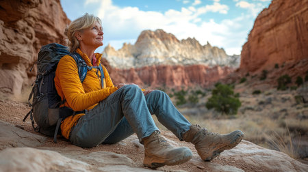A woman sits contentedly in a stunning, sunlit canyon, embodying tranquility and exploration with her hiking gear, capturing the essence of nature's serene embrace.の素材