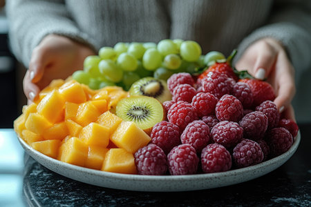 Woman holding a plate full of fresh cut fruit including mango, kiwi, grapes, strawberries, and raspberriesの素材