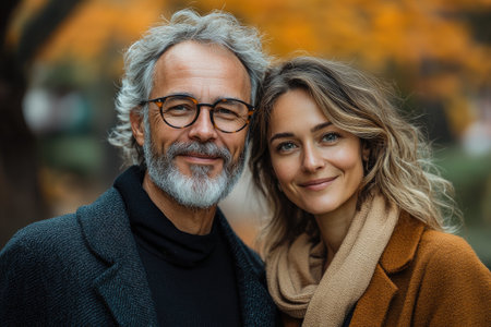 Couple is posing for a portrait while taking a walk in a park during a beautiful autumn dayの素材