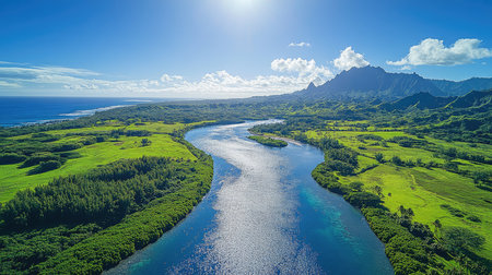 A beautiful aerial view of a winding river cutting through lush, green fields and forests, with distant mountains and a clear blue sky showcasing nature's splendor.の素材