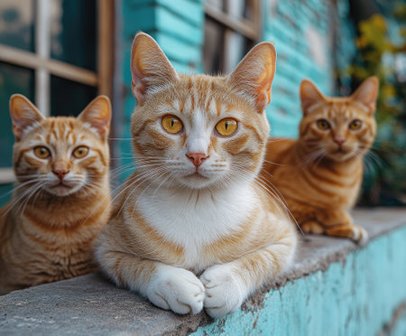 Three ginger cats sitting on a blue ledge in front of a turquoise houseの素材