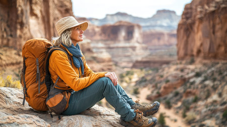 A woman sits contentedly in a stunning, sunlit canyon, embodying tranquility and exploration with her hiking gear, capturing the essence of nature's serene embrace.の素材