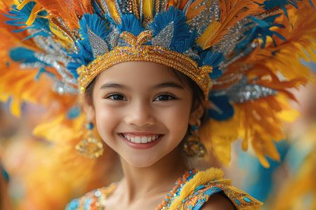 Young girl with vibrant feathered headdress and beaded attire, showcasing bright blues, yellows, and oranges, smiling brightly in a festive celebration setting.の素材