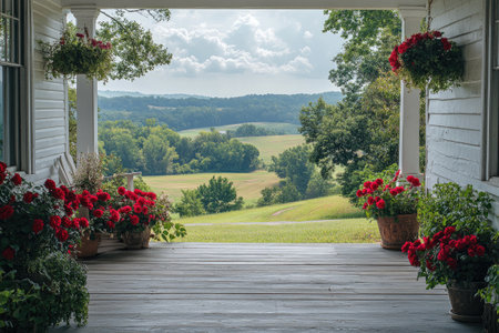 Wooden porch with hanging and potted red flowers overlooking a vast, lush green countryside landscape under a partly cloudy sky, evoking tranquility and beauty.の素材