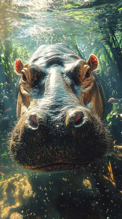 Hippopotamus is surfacing with sunbeams shining through the waterの素材