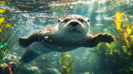 Sea otter swimming underwater surrounded by kelpの素材