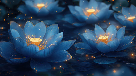 A mesmerizing scene of radiant blue flowers illuminated by soft, magical lights, set against a dark, serene backdrop, capturing a mystical and enchanting atmosphere.の素材