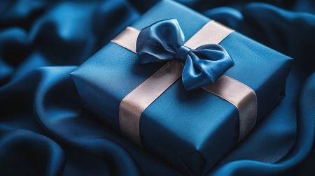 A beautifully wrapped dark blue gift box adorned with a pretty pink ribbon and set against a fabric background, complemented by sprigs of greenery and small berries.の素材