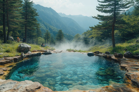 Stone pool reflecting fog is surrounded by a lush green forest and mountainsの素材