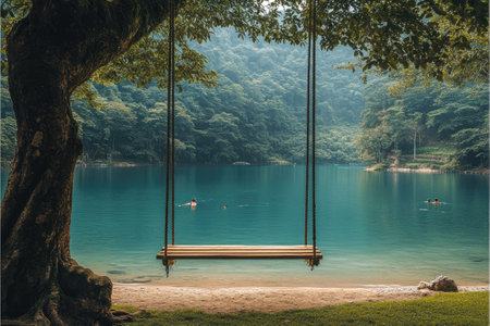 Empty wooden swing hanging over a clear blue lake with people enjoying a swim on a sunny summer dayの素材