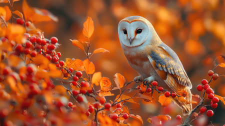 A beautiful barn owl is perched on a branch surrounded by vibrant orange autumn foliage and red berries, capturing the essence of the fall season in a serene setting.の素材