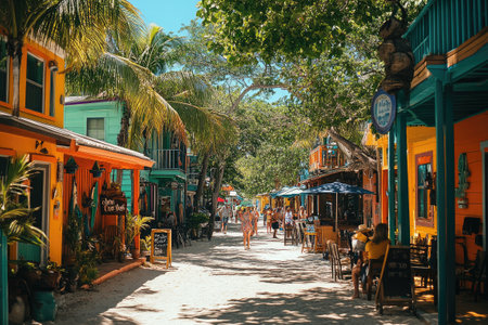 A vibrant street features brightly painted houses and lush green vegetation, showcasing a tropical atmosphere with clear blue skies and an inviting, tranquil environment.の素材