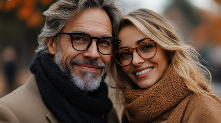 Happy couple is smiling at the camera while wearing stylish glasses and scarvesの素材