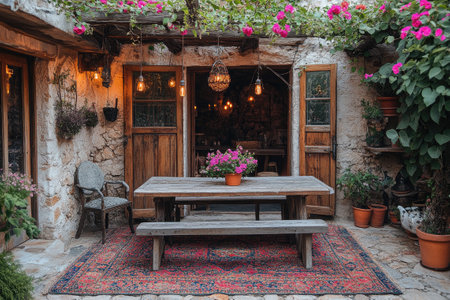 A charming outdoor patio area featuring a large wooden table surrounded by vibrant pink flowers, cozy seating with colorful cushions, and enchanting string lights hanging above.の素材