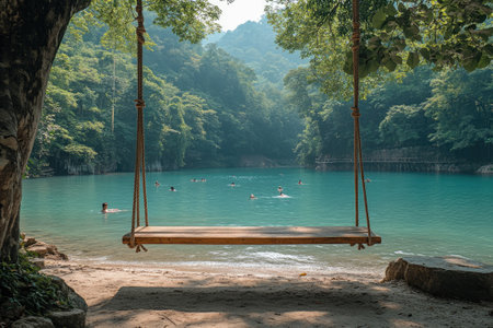 Empty wooden swing hanging over a clear blue lake with people enjoying a swim on a sunny summer dayの素材