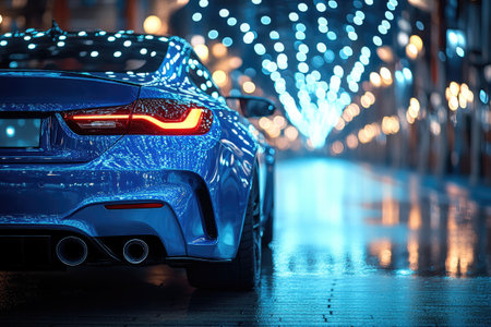 Blue sports car is parked on a wet city street at night, reflecting the lights of the cityの素材