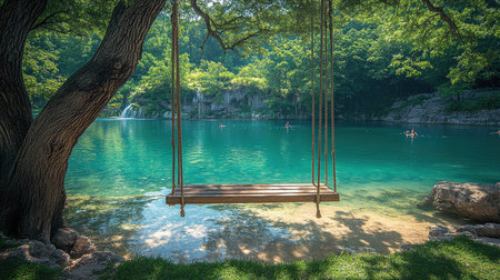 Wooden swing hanging over a clear blue lake with people swimming in the background on a sunny summer dayの素材