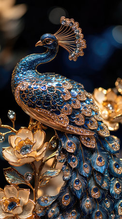Beautiful jeweled peacock statue decorated with blue and gold is standing on flowersの素材