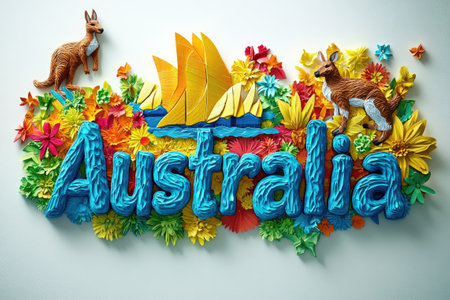 Celebrating Australia with a vibrant papercraft design featuring iconic landmarks and wildlifeの素材