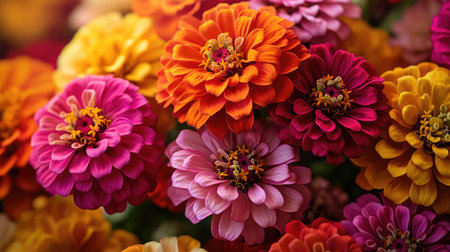 Vibrant bunch of zinnias are blooming in a colorful displayの素材