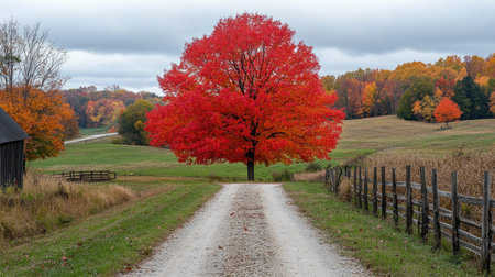 Single maple tree showing off its brilliant red foliage on a sunny autumn dayの素材