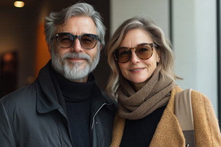 Portrait of a happy senior couple wearing sunglasses and smiling togetherの素材