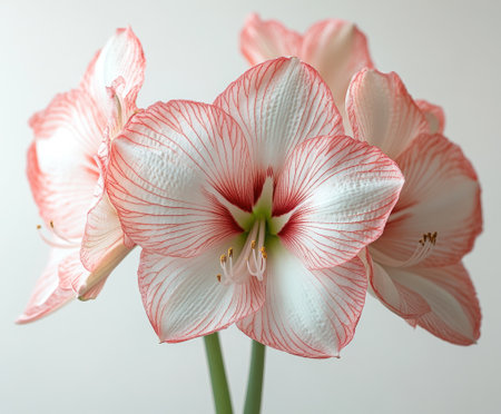 Beautiful double amaryllis flowers with delicate pink stripes are blooming on a solid backgroundの素材