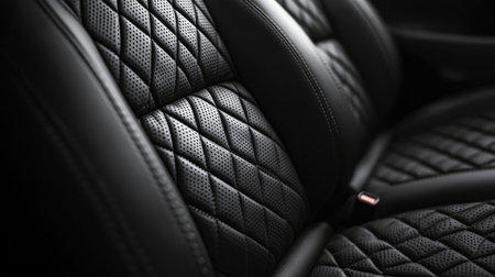Close-up of luxurious black leather car seat showing stitching detailの素材