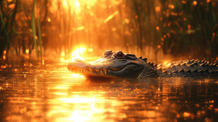 American alligator is partially submerged, hunting during golden hour as the sun sets on the swampの素材