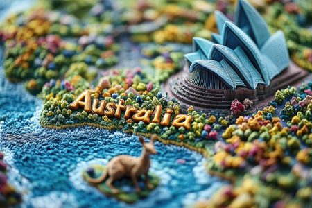 Colorful 3d map of australia featuring sydney opera house and a kangaroo, highlighting the country's iconic landmarks and wildlifeの素材