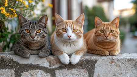 Tabby cat and two ginger cats are sitting on a stone wall, enjoying the summer dayの素材