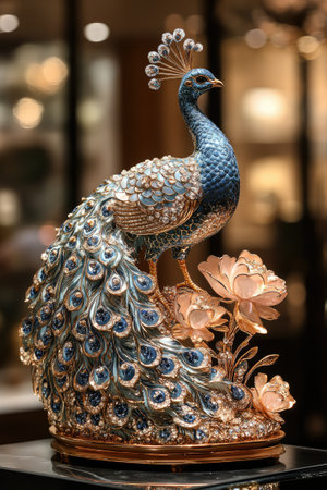 Beautiful blue and gold jeweled peacock figurine is sitting on a branch with flowersの素材