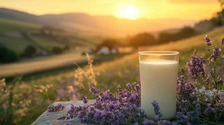 Glass and pitcher of milk are sitting on a white tablecloth with daisies in the late afternoon sunの素材
