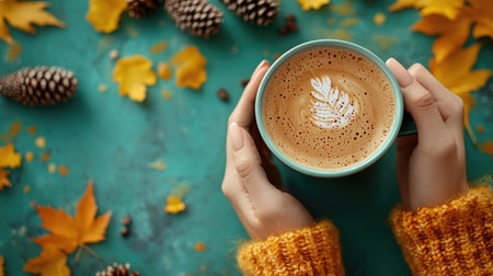 Woman holding a warm latte with latte art surrounded by colorful autumn leaves and pine conesの素材