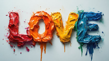 Colorful oil paint forming the word love, dripping down on a blue backgroundの素材