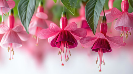 Beautiful pink fuchsia flowers are hanging in the gentle breeze against a blurred backgroundの素材
