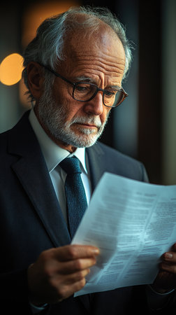 Serious mature businessman is carefully reading important documents in his officeの素材
