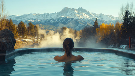 A woman relaxes in an outdoor hot tub, overlooking a stunning snowy mountain landscape, surrounded by trees with steam rising in the cold winter air.の素材