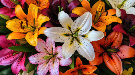 Vibrant array of lilies blooming in a captivating floral displayの素材