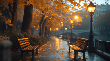 Golden leaves covering the cobblestone pathway in a park with empty benches on a foggy autumn dayの素材