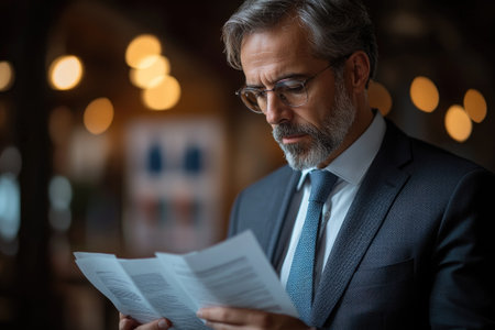 Businessman is carefully reading documents in his office at night, with city lights and stock market charts visible in the backgroundの素材