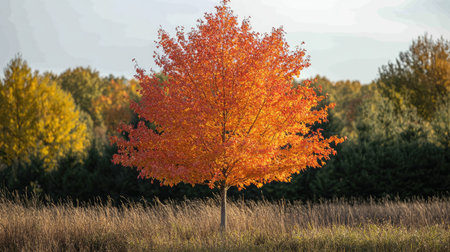Single maple tree showing off its brilliant red foliage on a sunny autumn dayの素材