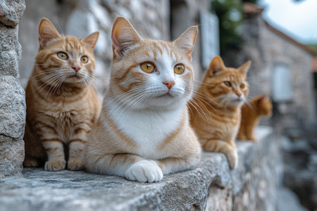 Ginger cats sitting on a blue ledge in front of a turquoise houseの素材