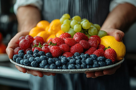 Woman holding a plate full of fresh cut fruit including mango, kiwi, grapes, strawberries, and raspberriesの素材