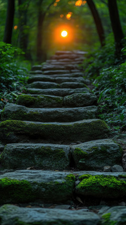 Stone steps covered in moss lead up a path towards sunset light through green forest treesの素材