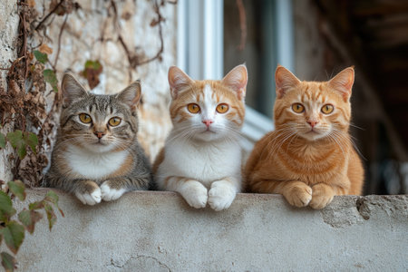 Three ginger cats sitting on a blue ledge in front of a turquoise houseの素材