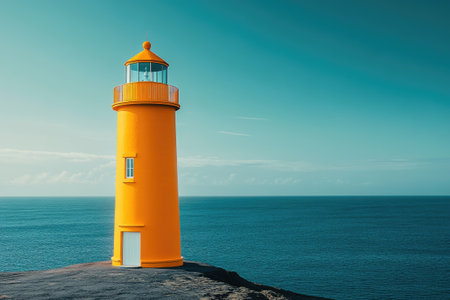 Bright yellow lighthouse is standing on a rocky coastline, providing safety and guidance to ships at seaの素材