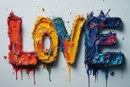 Colorful oil paint forming love word over white backgroundの素材