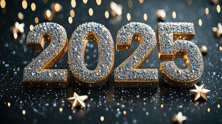 2025 silver numbers studded with sparkling diamonds laying on a reflective surfaceの素材